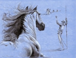 Don Quijote con alma búlgara. Rocinante I. Tinta china y lápiz blanco, 60 x 80 cm. 2005